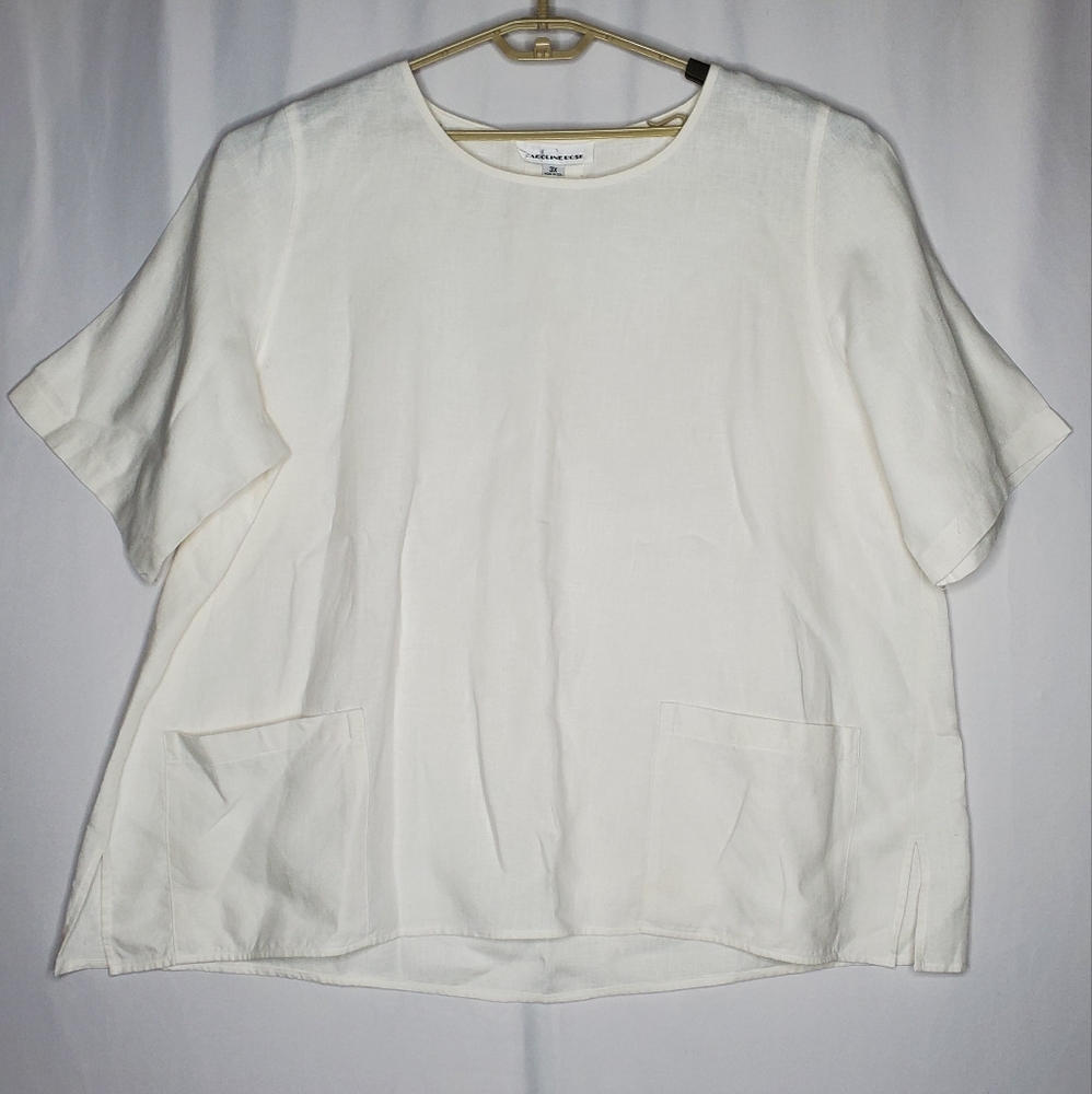 Caroline Rose Linen Top Womens 3X White Short Sleeve Pocket Boho Coastal Minimal
